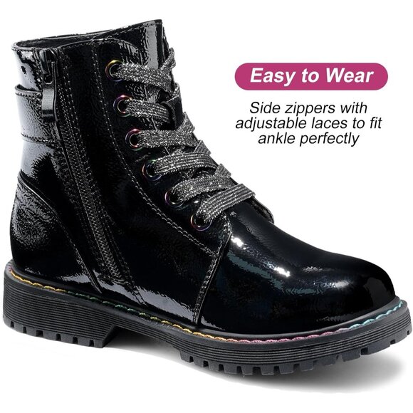 Girls Ankle Boots Patent-Black Glitter Combat Zipper Lace Up Winter Dress Boots - Picture 2 of 6